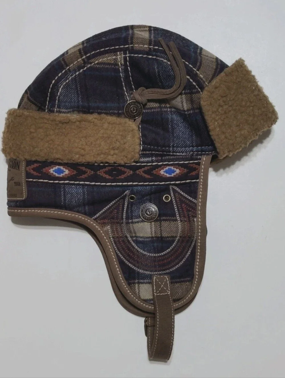 True Religion Unisex Plaid Embroidered Flap Trapper Hat Size S/M